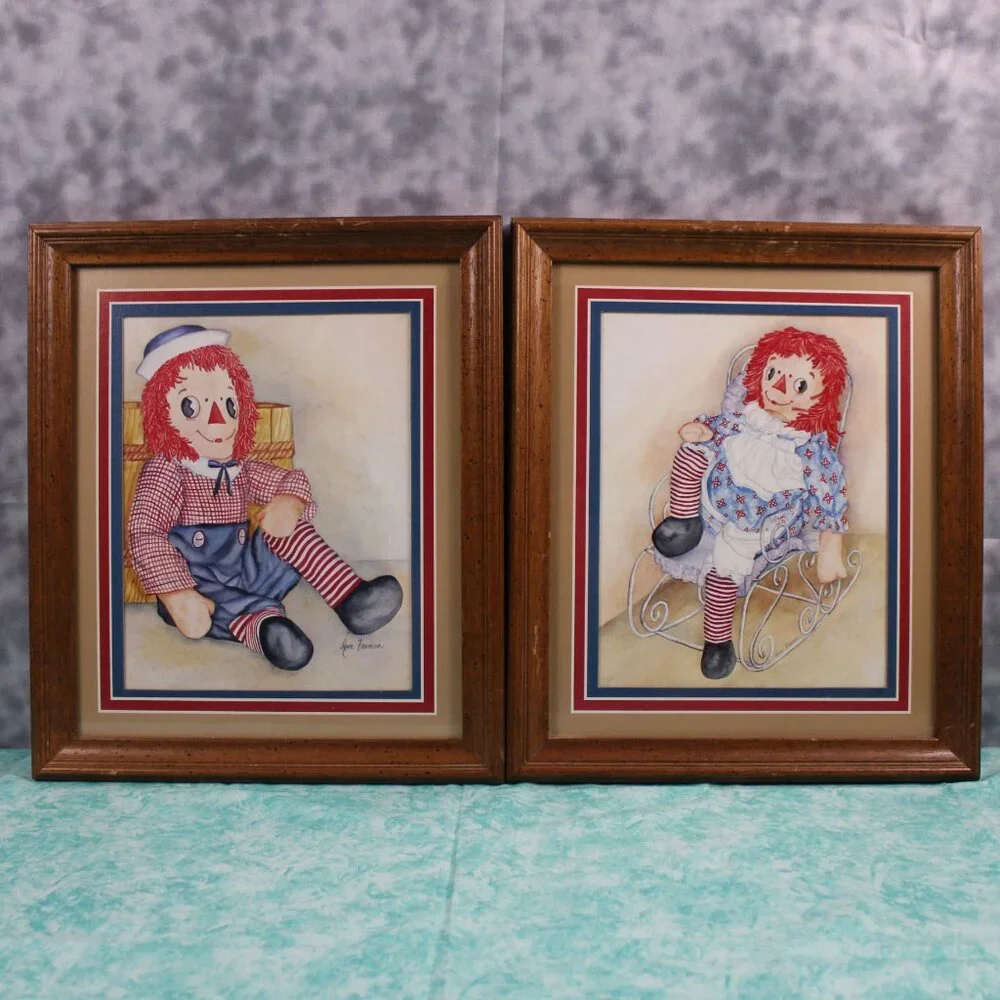 Raggedy Ann & Andy Framed Art Print Set Vintage Country Wall Decor 1980s